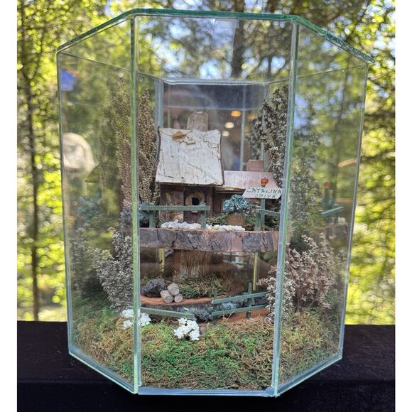 Vintage 1960’s MCM Glass Atrium Diorama Landscape & Log Wood Tree House - Picture 1 of 14